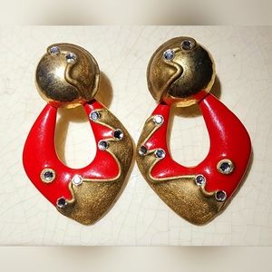 Avant-garde 80s red and gold abstract design with rhinestones pierced earrings